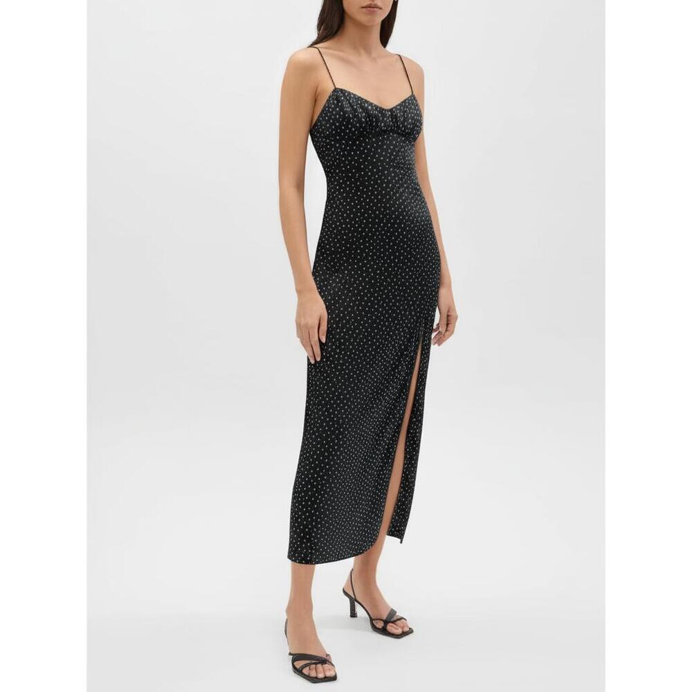 Zara Black Slip Dress‎ Y2K Style Polka Dot Silky Midi Length Side Slit Size M